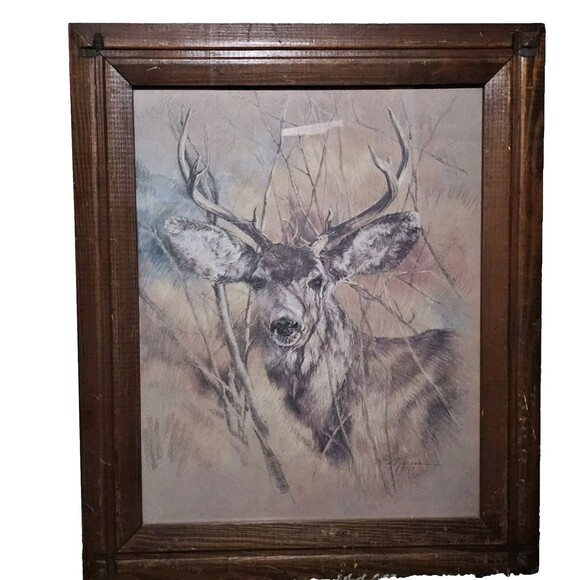 Deer Portrait Original Wood Framed Print Signed Nature Country Wall Decor - Picture 5 of 10